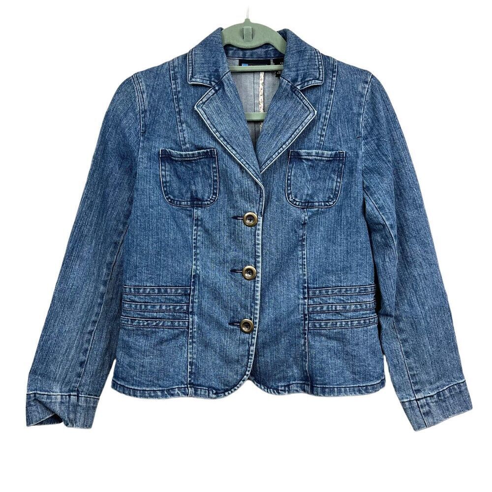 Relativity Denim Jean Jacket Stretch Fitted Collared Pockets Blue Women Size PS*